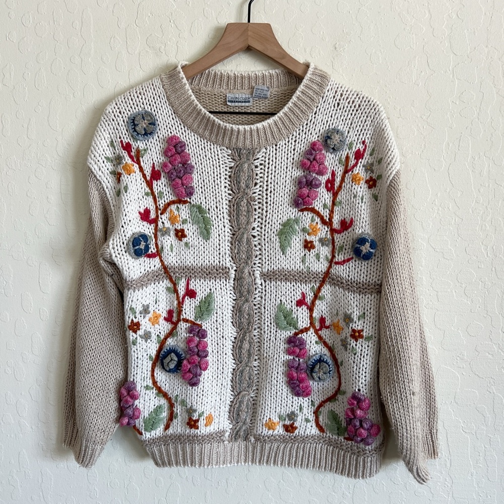 Vintage Cabin Creek 3D Knit Embroidered Floral Crewneck Sweater Medium Petite